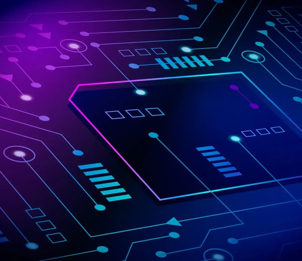 Stylised digital illustration of a computer circuit in neon blue, purple, and black