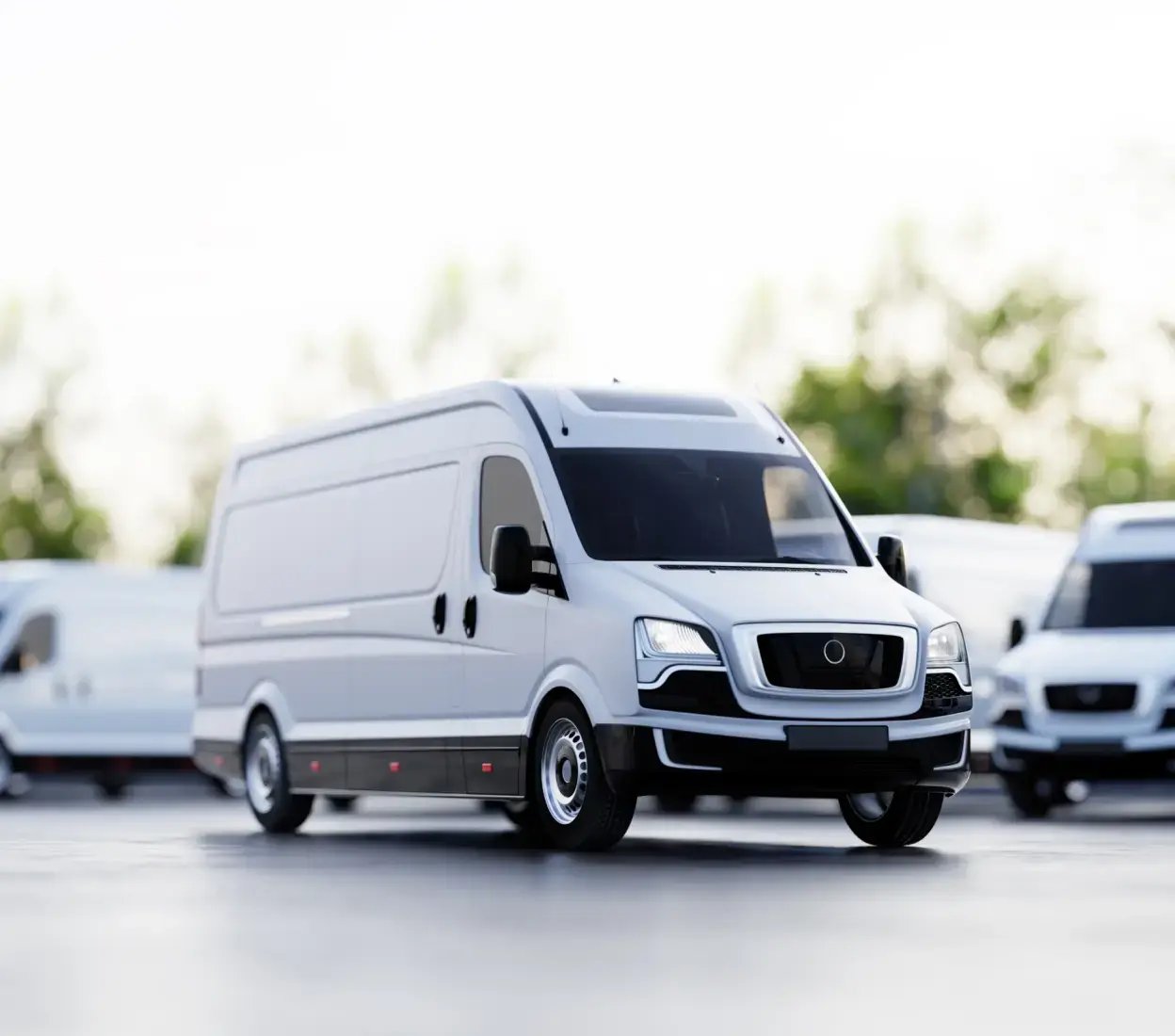 A fleet of pristine white vans