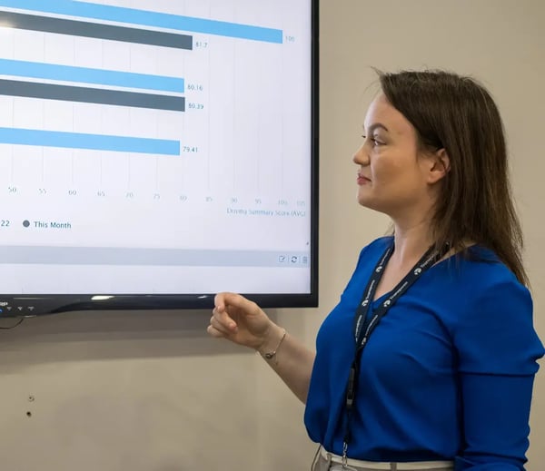 Transpoco employee in a blue shirt presenting driver behaviour data from a large TV screen